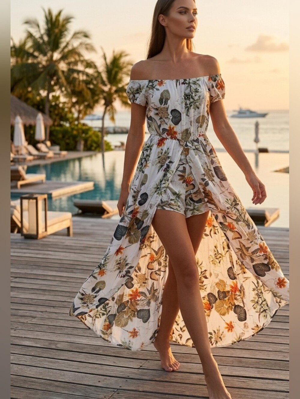 BIUBIU Tropical Floral Maxi Romper Dress Split Front Off-The-Shoulder - Size 3XL